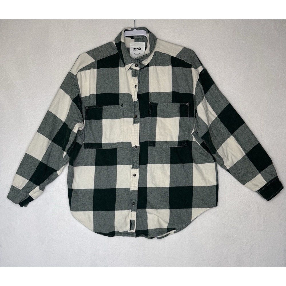 Aerie Button‎ Up Flannel Shirt M Green Cream Plaid Love This Moment